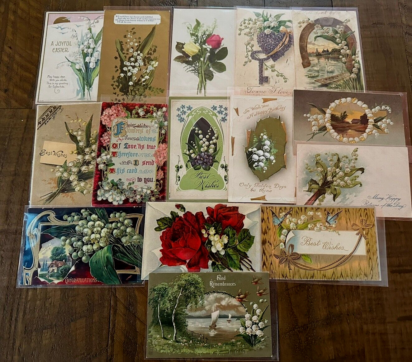 Pretty Lot of 15 Antique Greetings Postcards w. Lily of the Valley Flowers-k-16