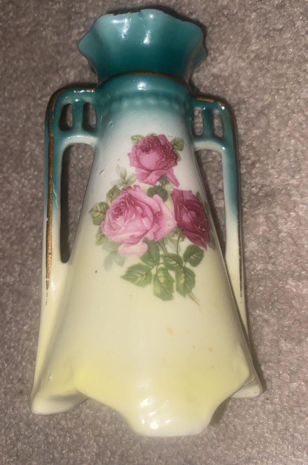 Vintage Czech Porcelain Ceramic Bud Vase 5 1/4” Czechoslovakia Roses 2 Handles