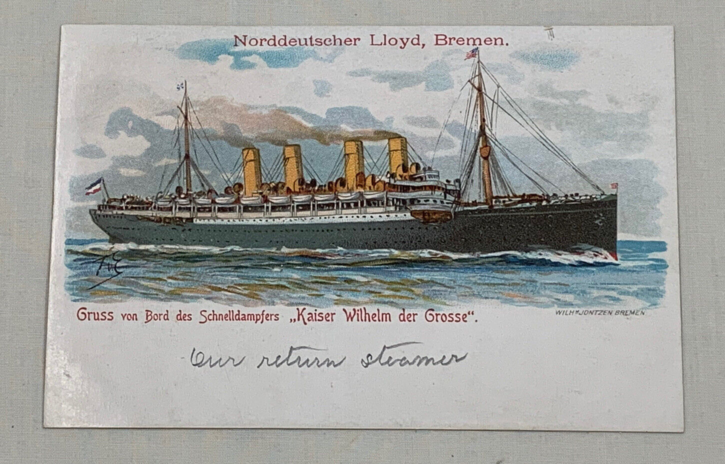 Antique Postcard Kaiser Wilhelm Der Grosse Norddeutscher Lloyd Bremen Steamship