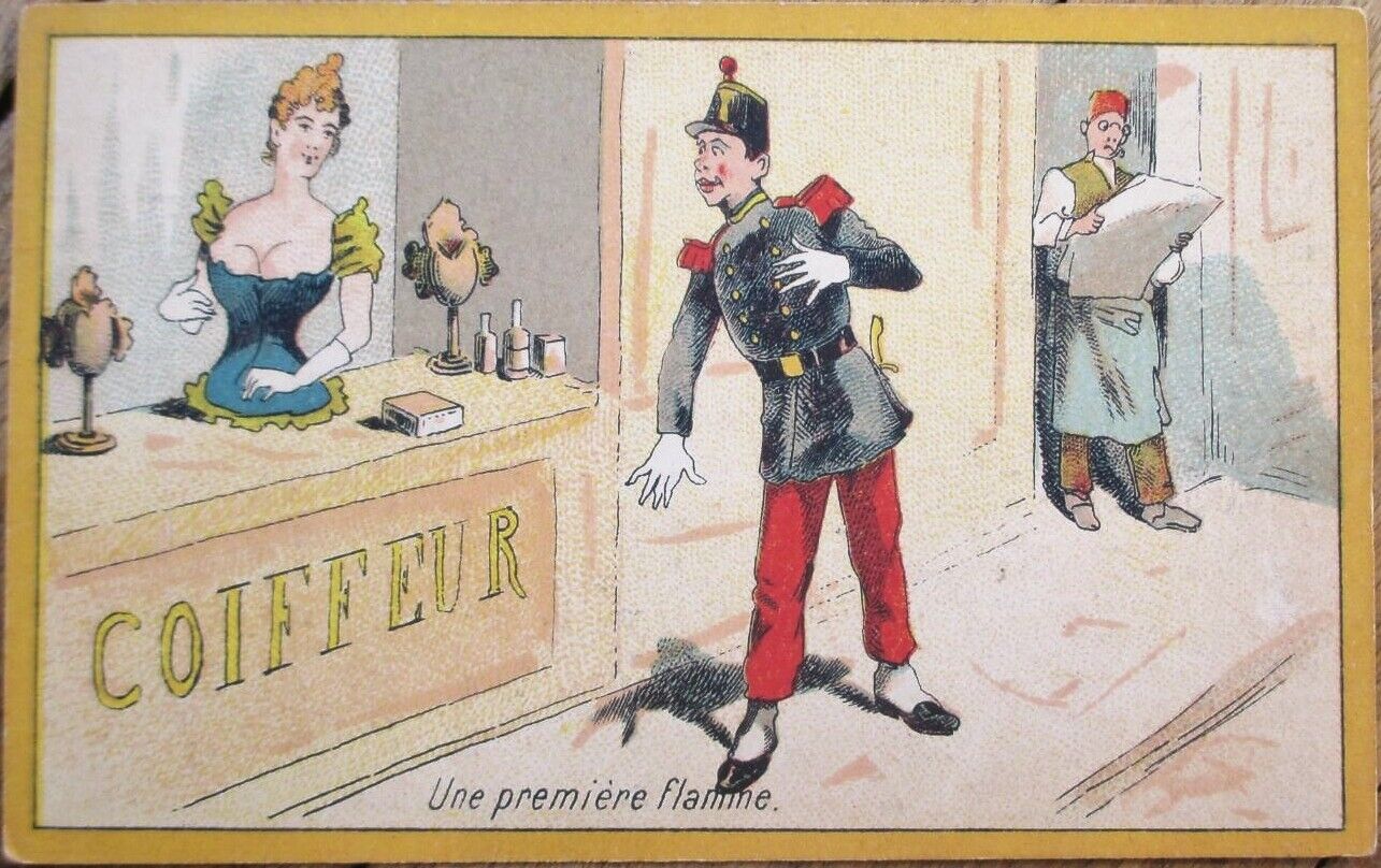 Chicoree D\'Alsace 1890s French Victorian Trade Card: Soldier & Hair Mannequin