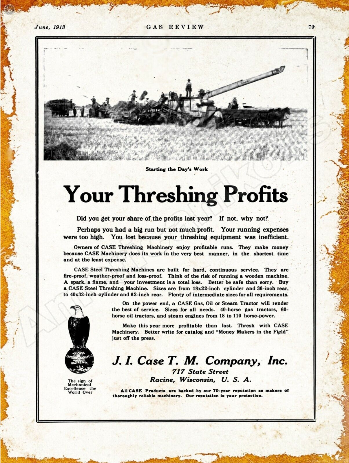 1913 J.I. Case Threshing Machine Co. New Metal Sign: Racine, Wisconsin