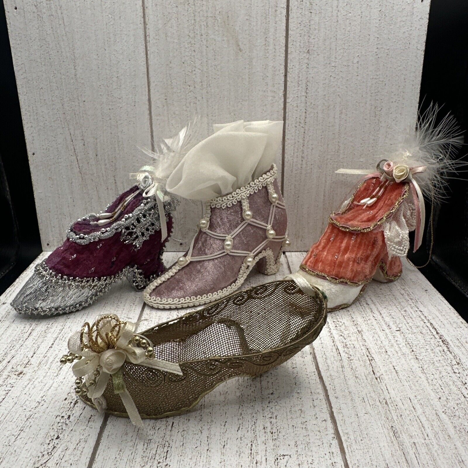 Vintage Victorian Miniature Shoes High Heels Ornaments 4.5” Lot Of 4