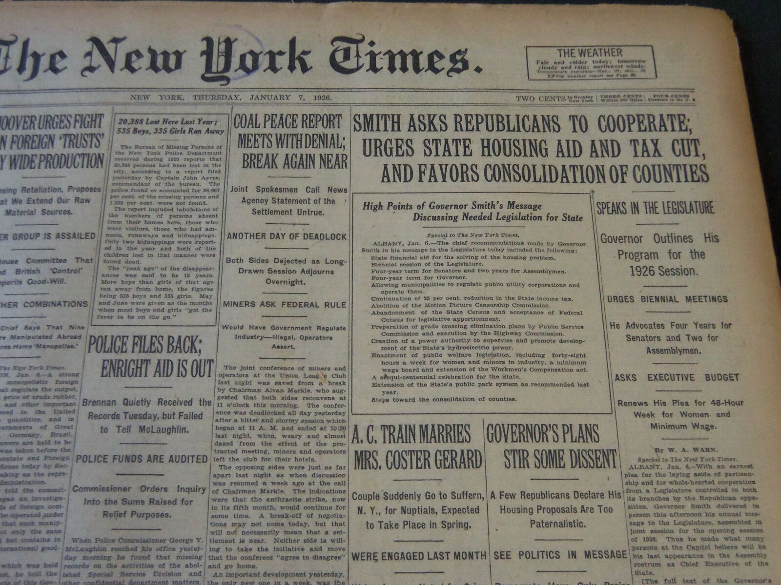 1926 JANUARY 7 NEW YORK TIMES - SMITH ASKS REPUBLICANS TO COOPERATE - NT 5689
