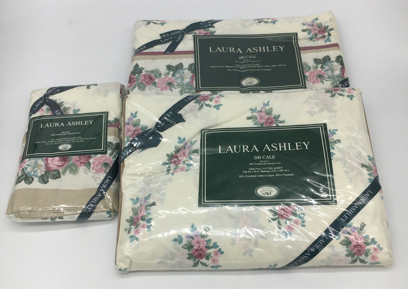 Vtg LAURA ASHLEY Florette Full Sheet Set Fitted Flat & 2 Pillowcases NOS 1989