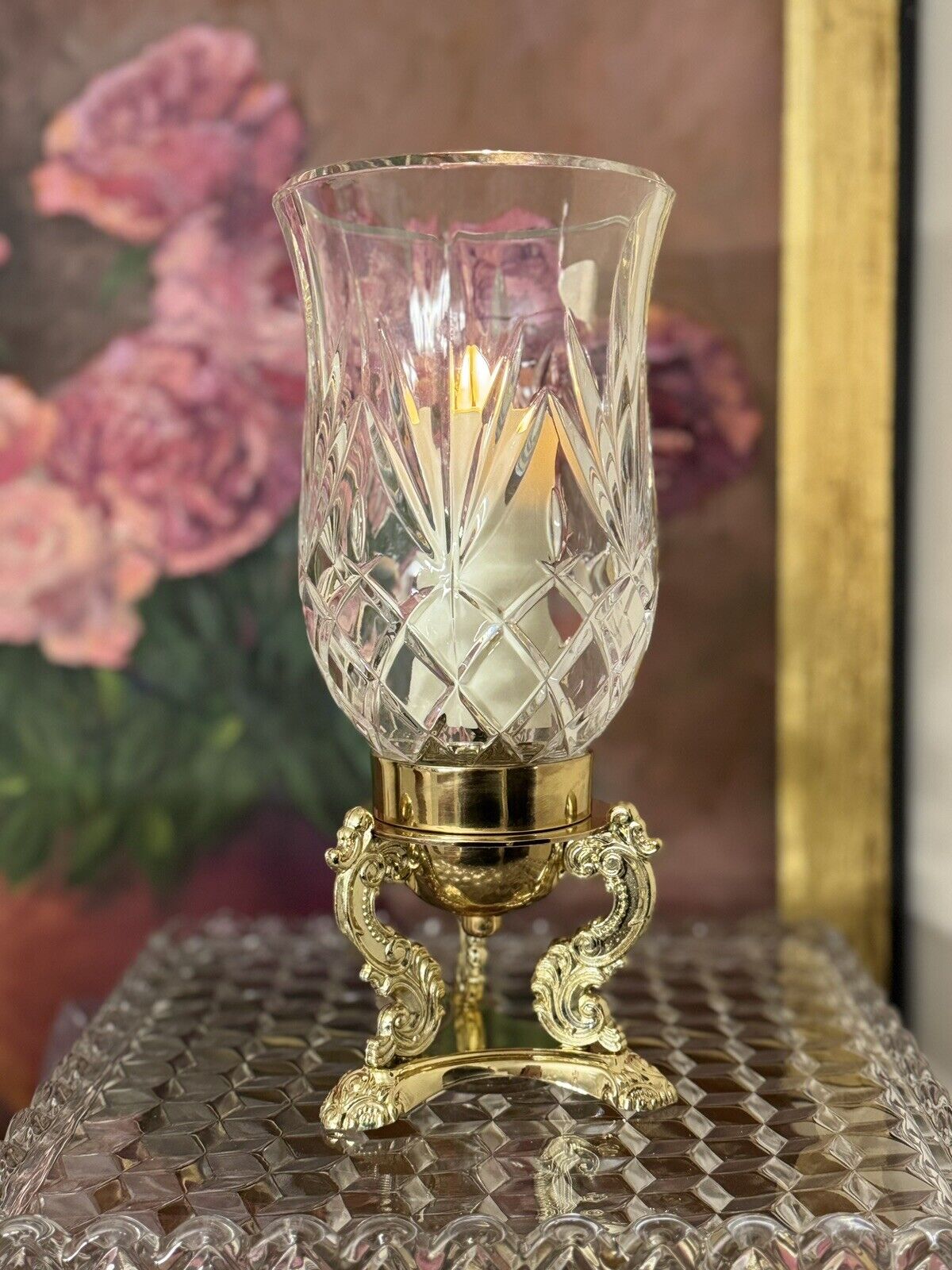 Vintage Brass Decorative Crystal Hurricane Lamp Candle Holder Hollywood Regency