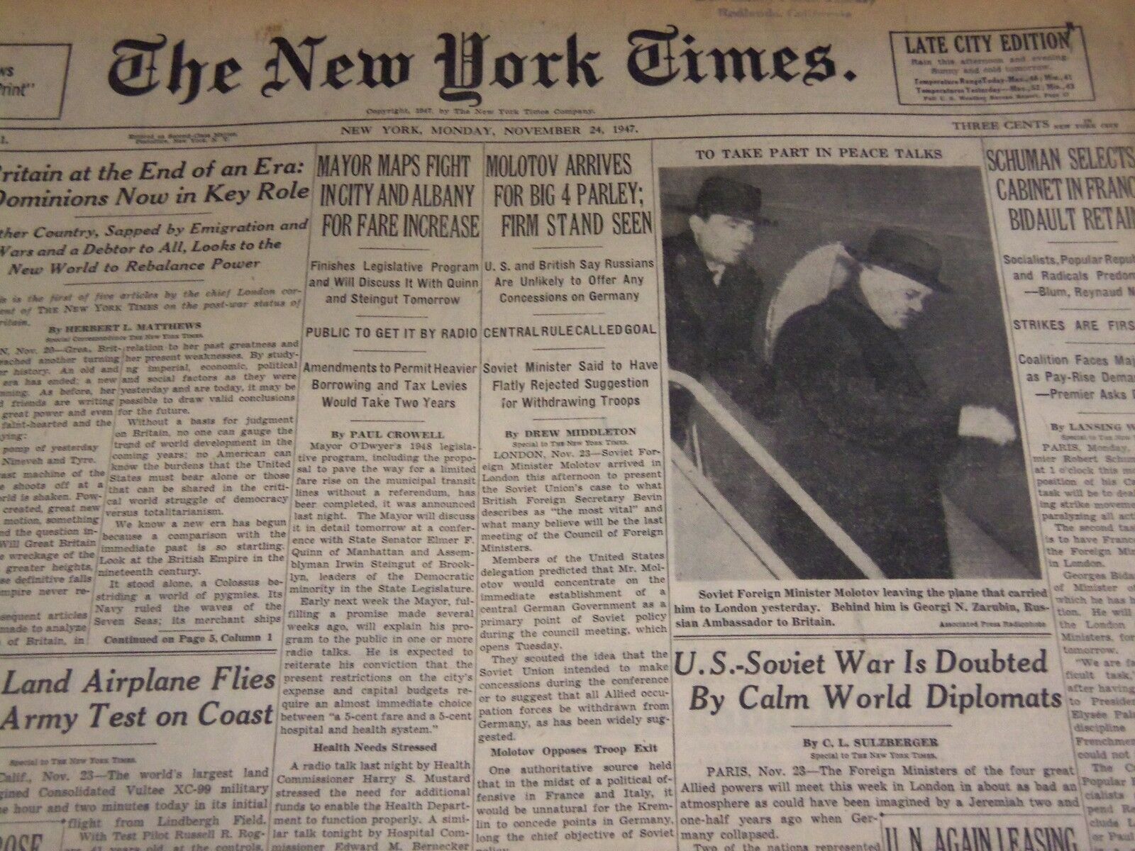 1947 NOVEMBER 24 NEW YORK TIMES - MOLOTOV ARRIVES FOR PARLEY - NT 3281