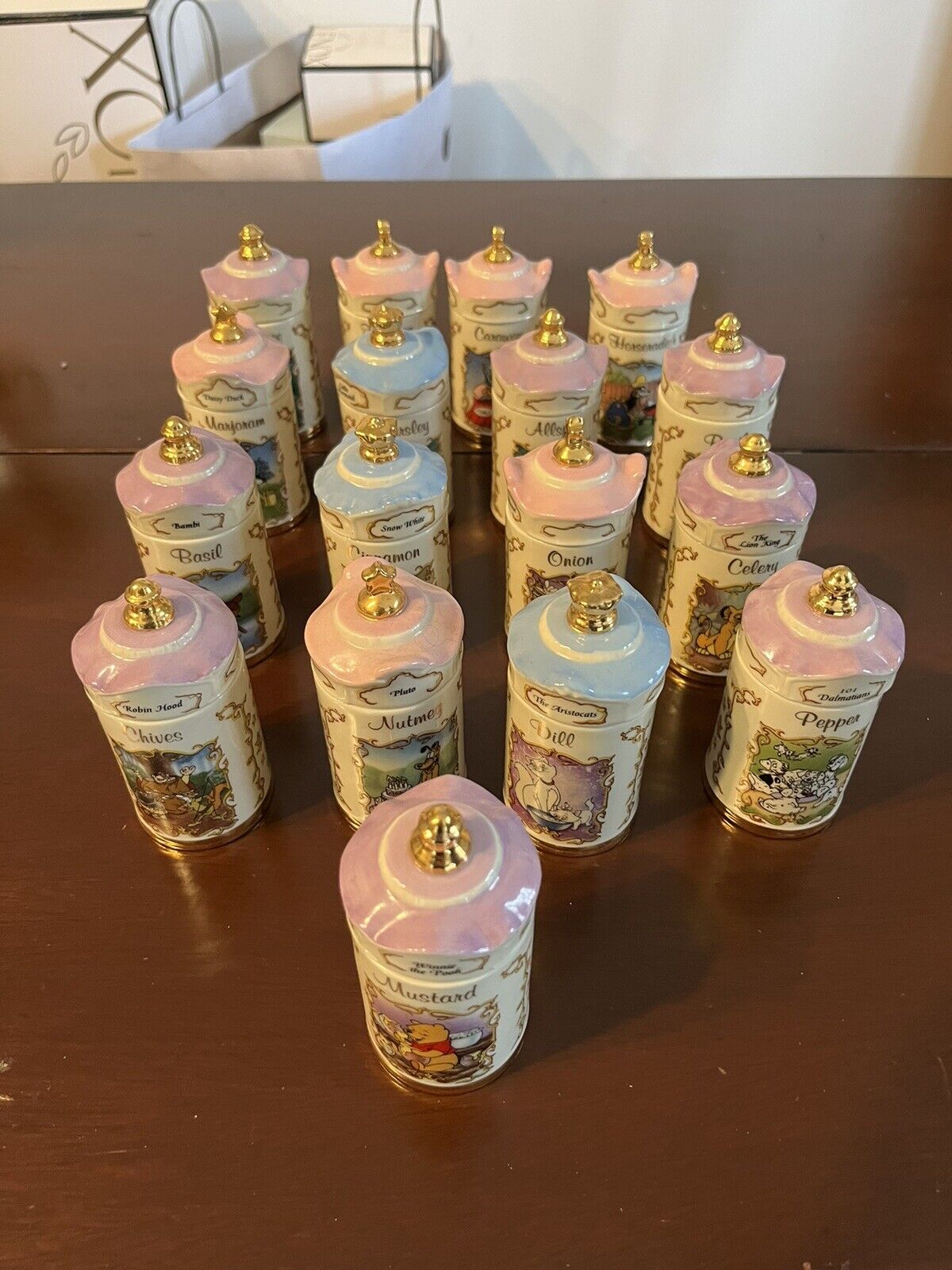 Vintage 1995 Walt Disney Lenox Porcelain Spice Jars Lot Of 17