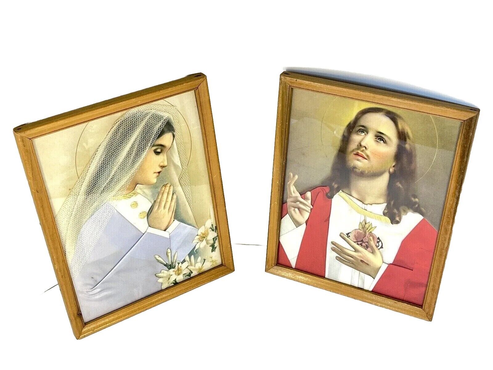 Antique Religious Silk Art - Jesus & Mary Picture Pair Catholic Christmas Decor