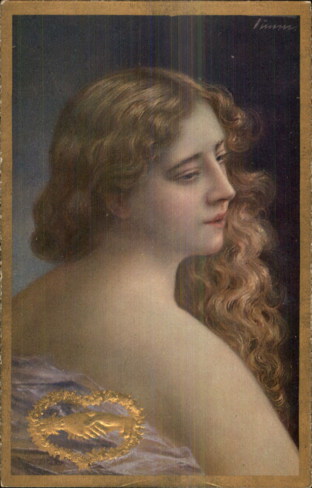 Beautiful Woman Wavy Hair Embossed Gold Hands Emblem Artist? c1910 PC #1