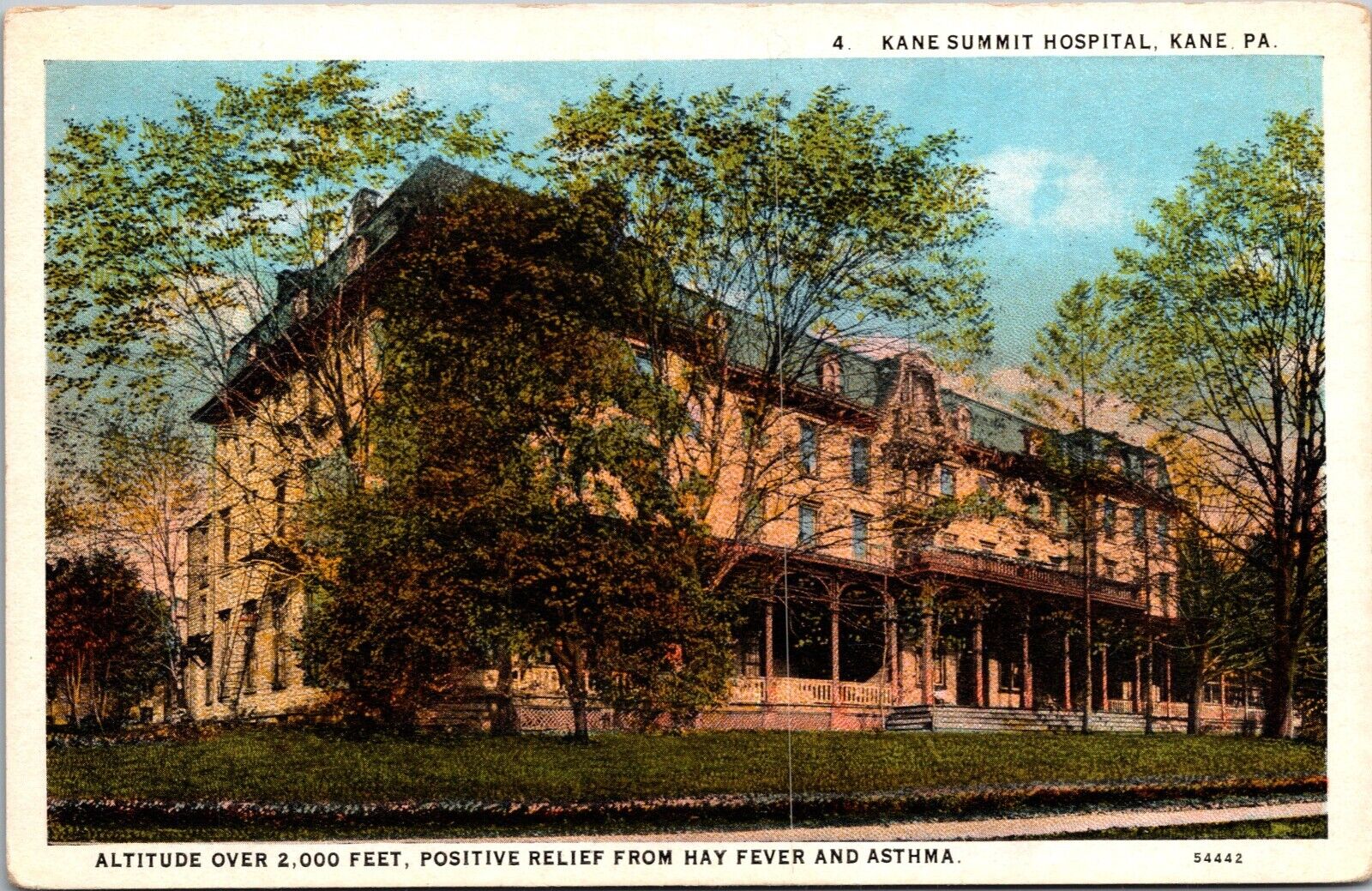 Postcard~Kane Pa.~Kane Summit Hospital~Relief From Hay Fever~Asthma~c1930s