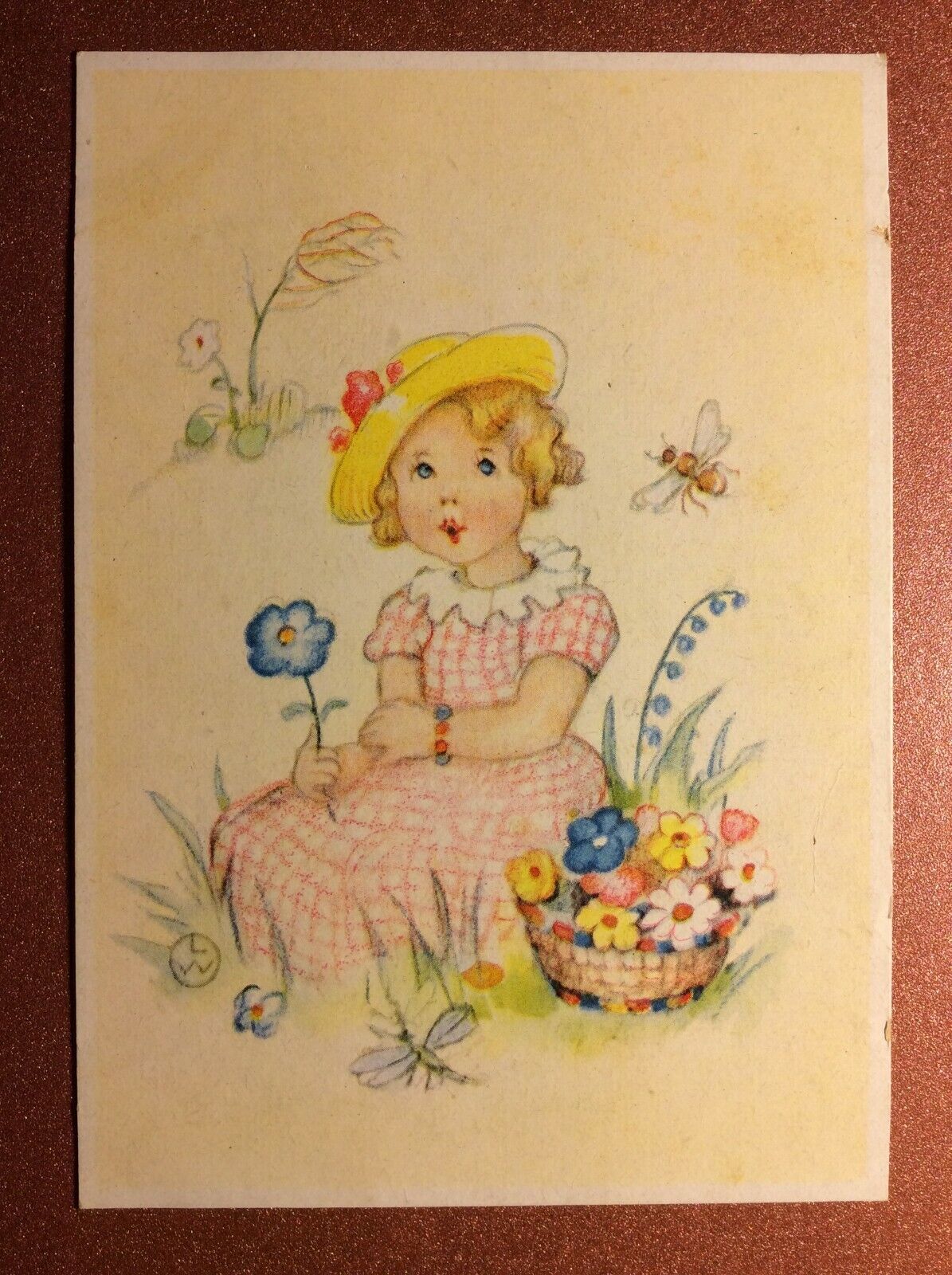 Cute Girl in straw hat. Dragonfly Bee. Artist signed LW. Germany postcard 1940s
