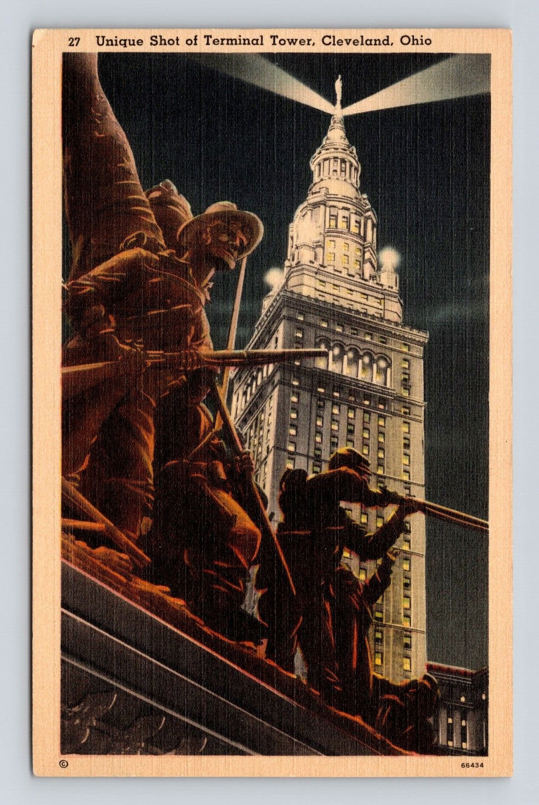 Old Postcard Terminal Tower Cleveland OH Soldiers Sailors Memorial Statue 1940s