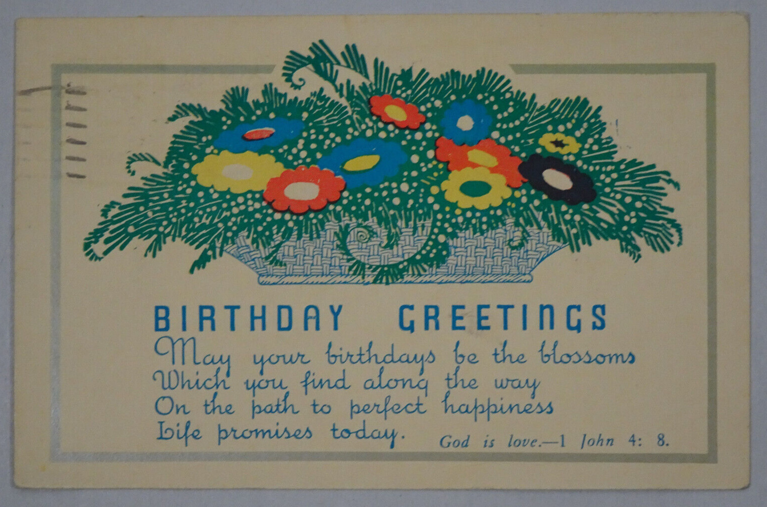 1947 Birthday Postcard Religious Scripture Ethyl Beranek Oxford Junction IA USA