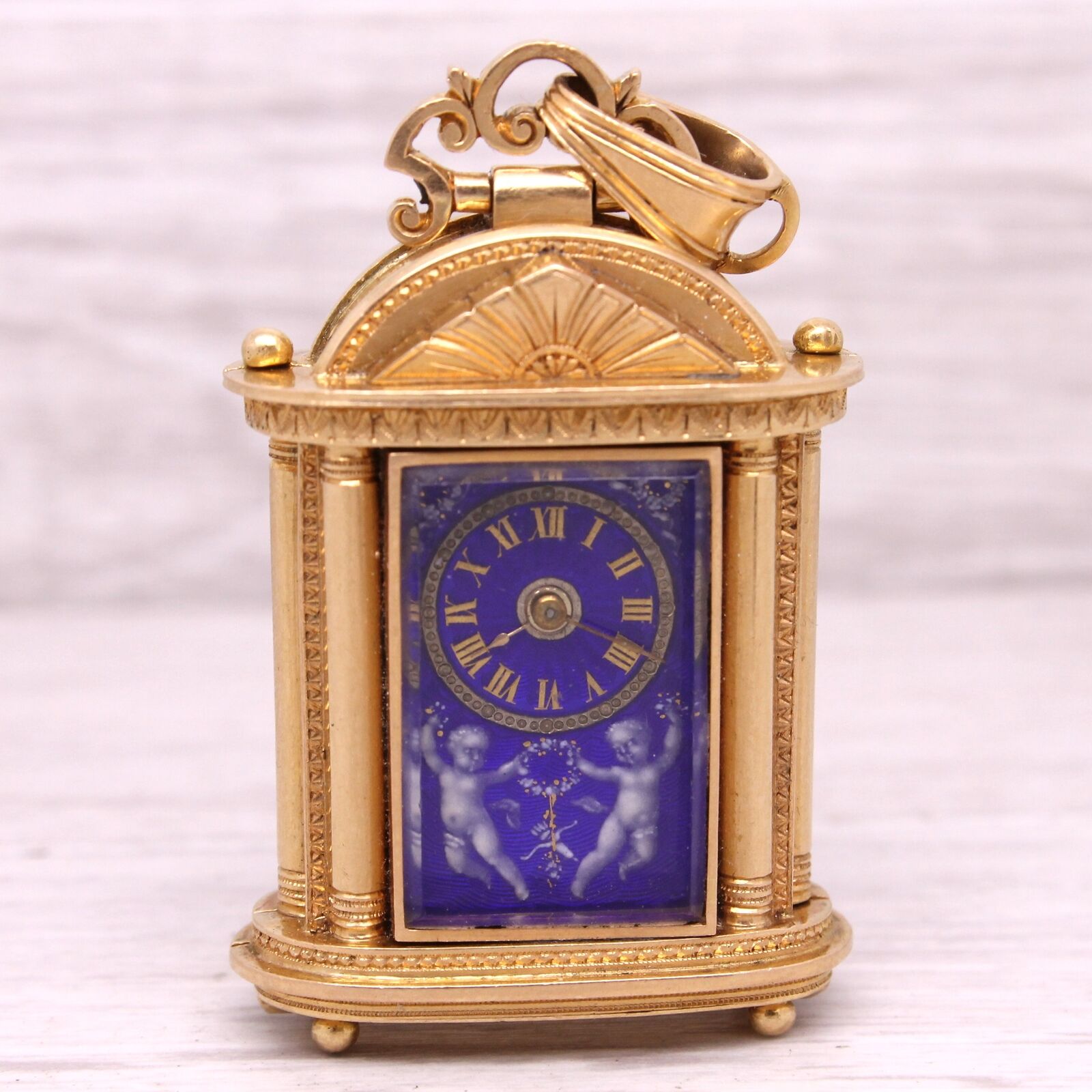 Antique c.1860 18k Gold Miniature Keywind Case Clock Pendant Blue Enamel Dial