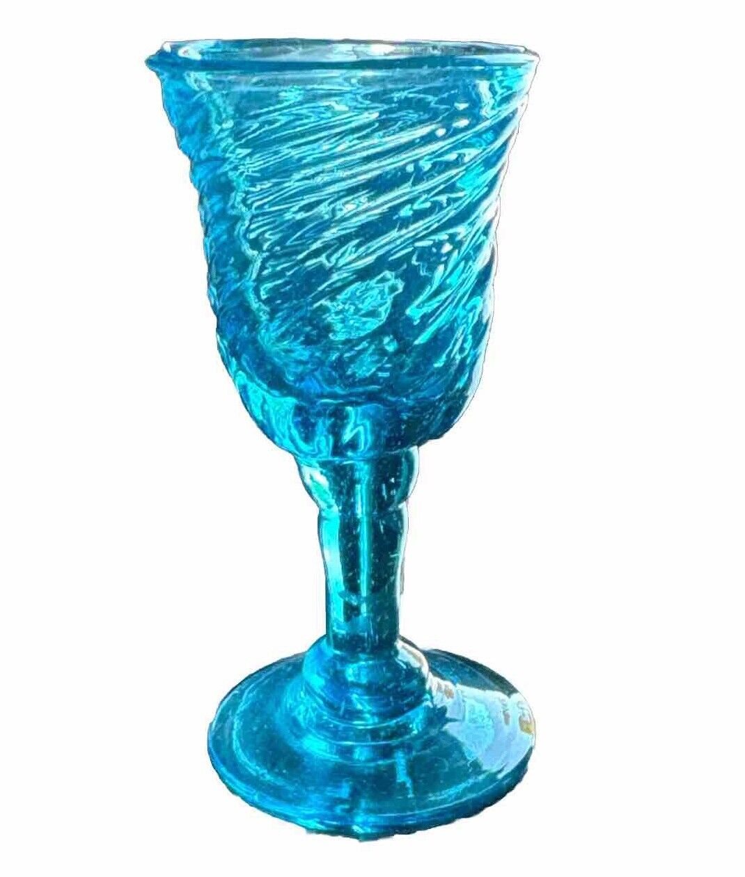 Vintage MCM Cordial Aperitif Swirl Blue Glass Crystal With Stem 4” T X 2 W EUC
