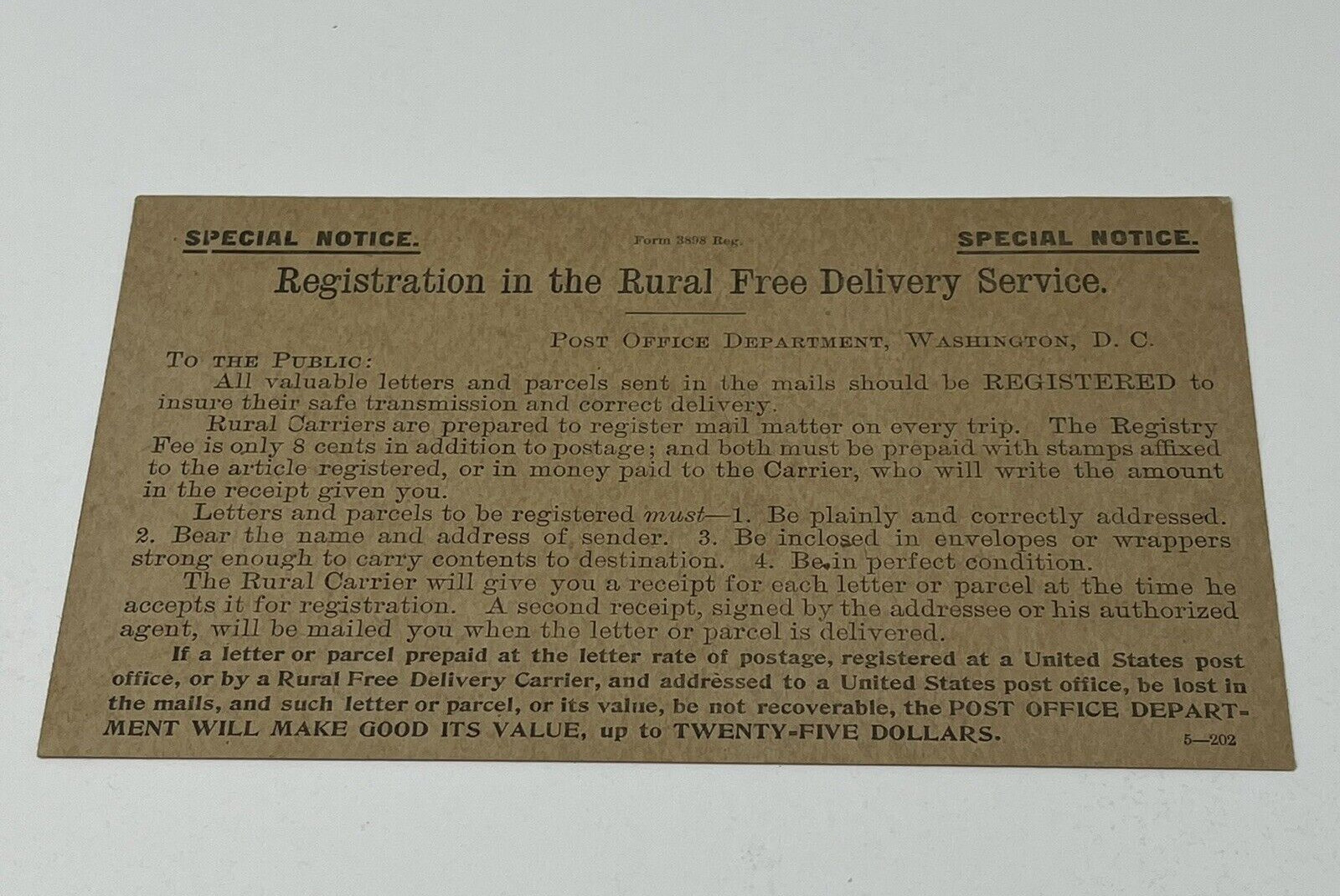 1902 USPS Special Notice Card Registration Rural Delivery Edwin C. Madden