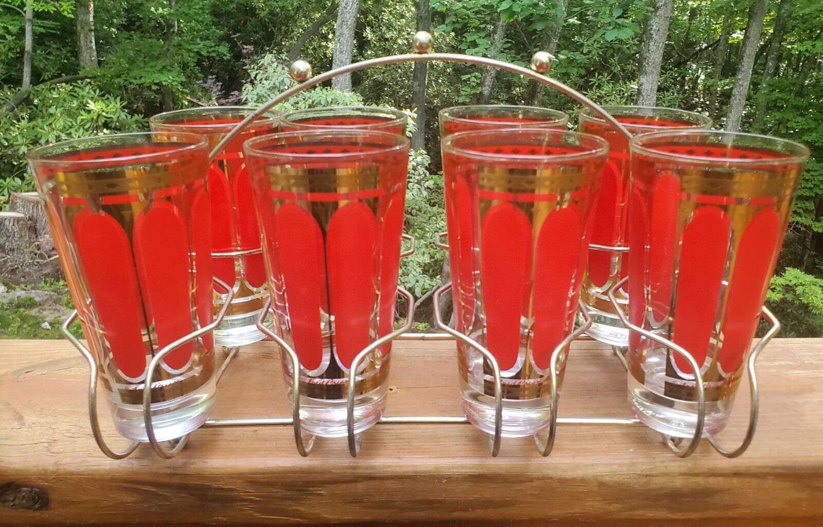 MCM Vintage Fred Press 8 Highball Barware Glass Set Red and 22k  Gold
