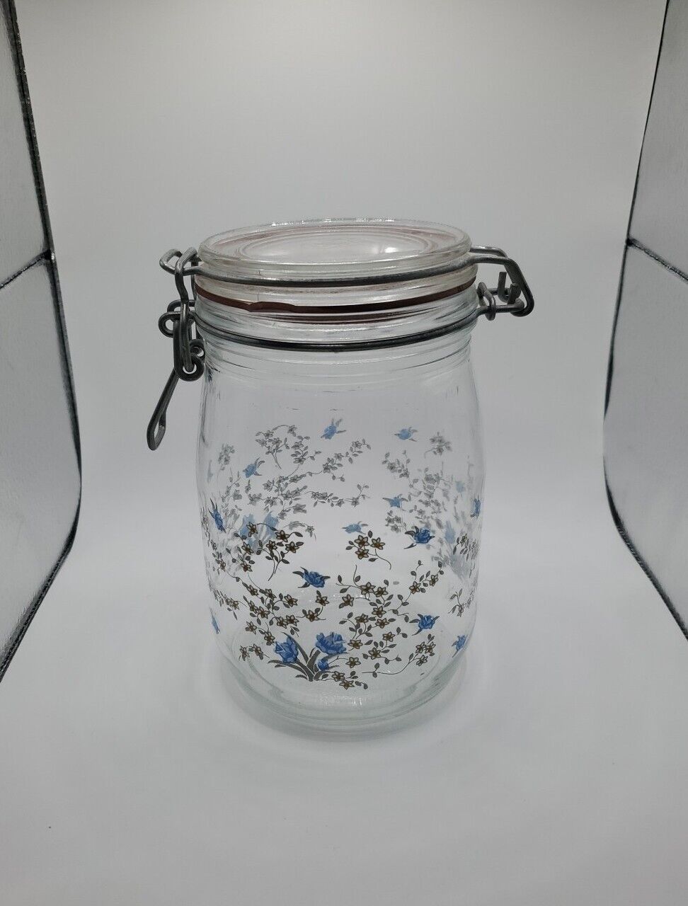 ARC France Cannister Jar Blue Flowers \'Niveau De Remplissage\' 1L Hinged Lid VTG