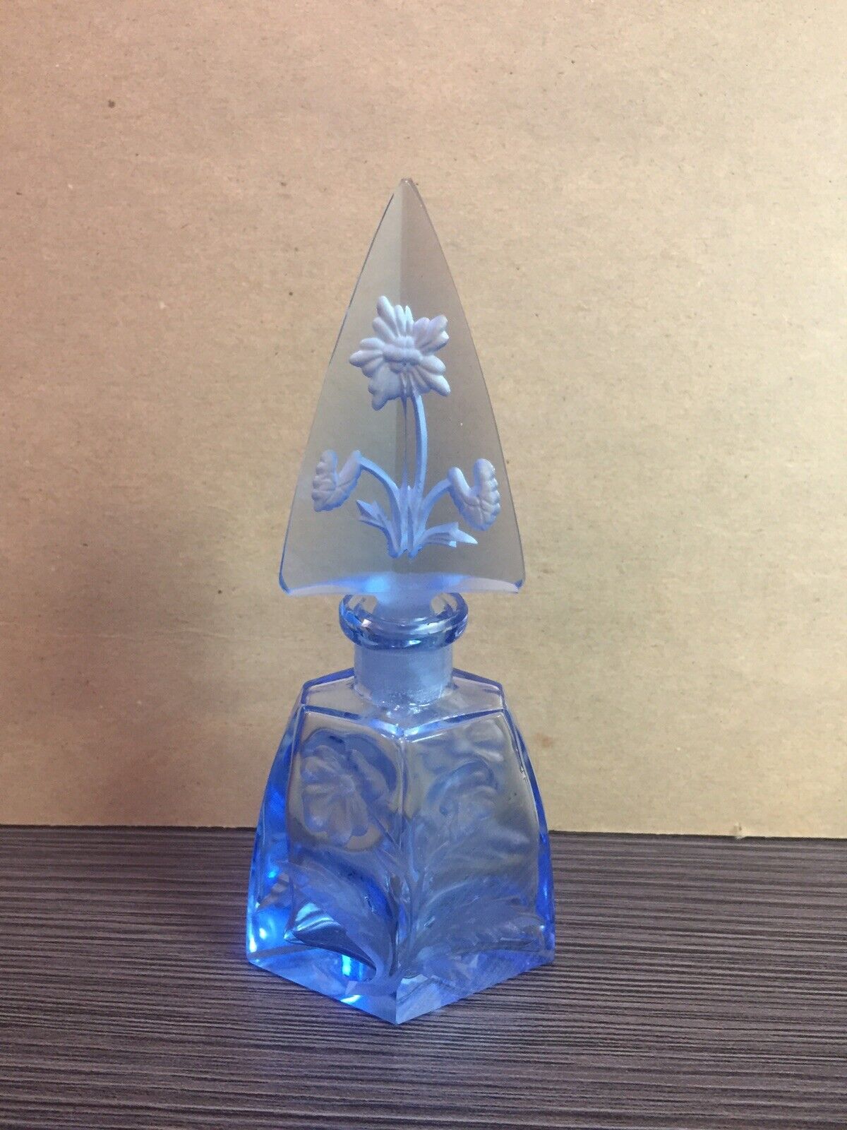  Vintage Antique Blue Czechoslovakian Cut Crystal Perfume Bottle floral design