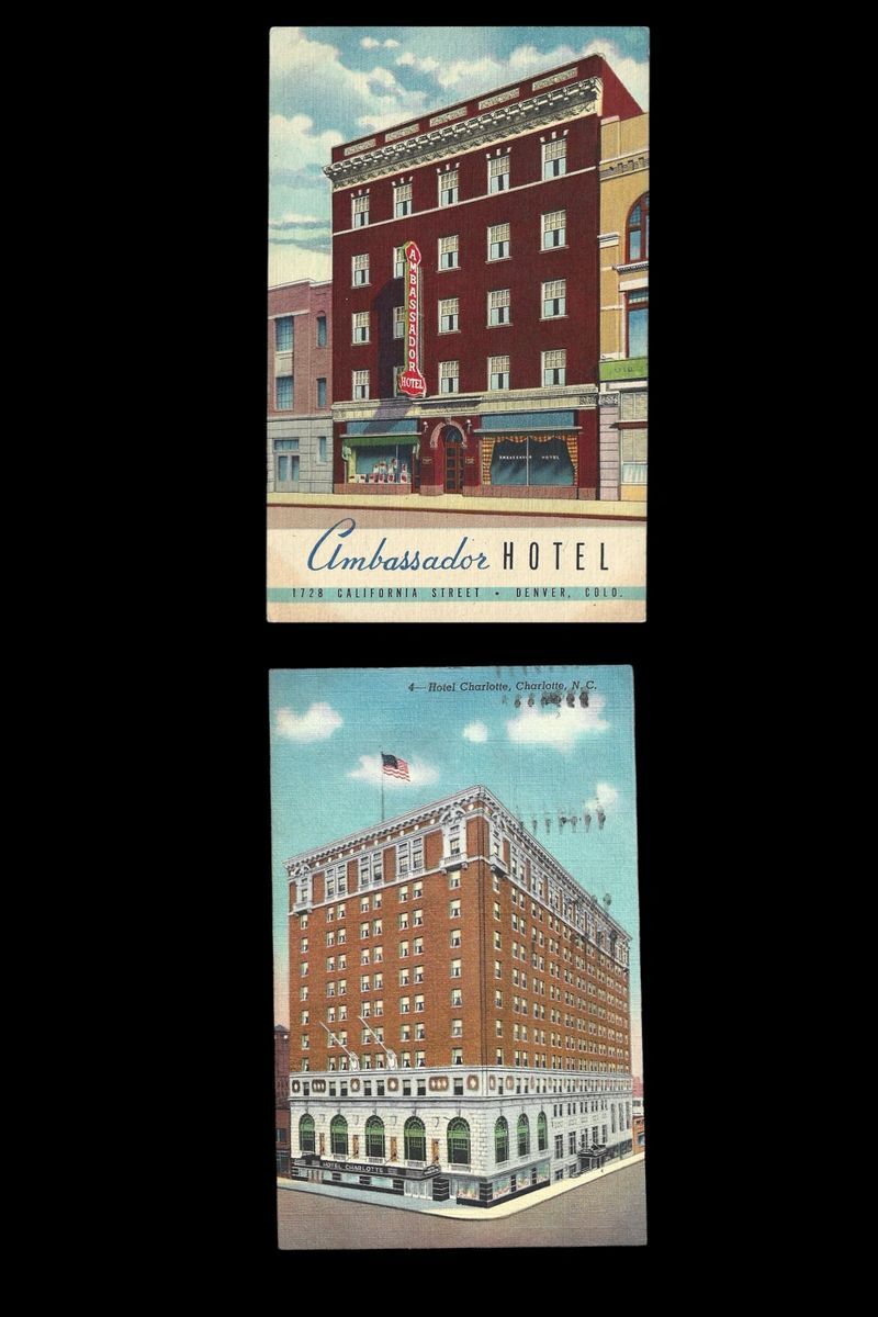 Vintage Linen Postcards Lot Of 2 Hotel Postmarked Denver & Charlotte N.C.