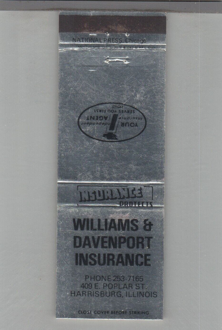Matchbook Cover Insurance Williams & Davenport Agency Harrisburg, IL