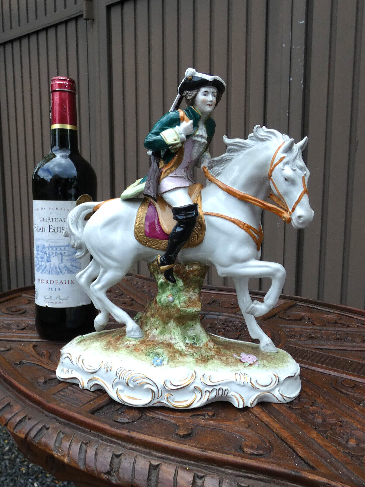 German Scheibe alsbach marked porcelain Horse hunter Statue sculpture