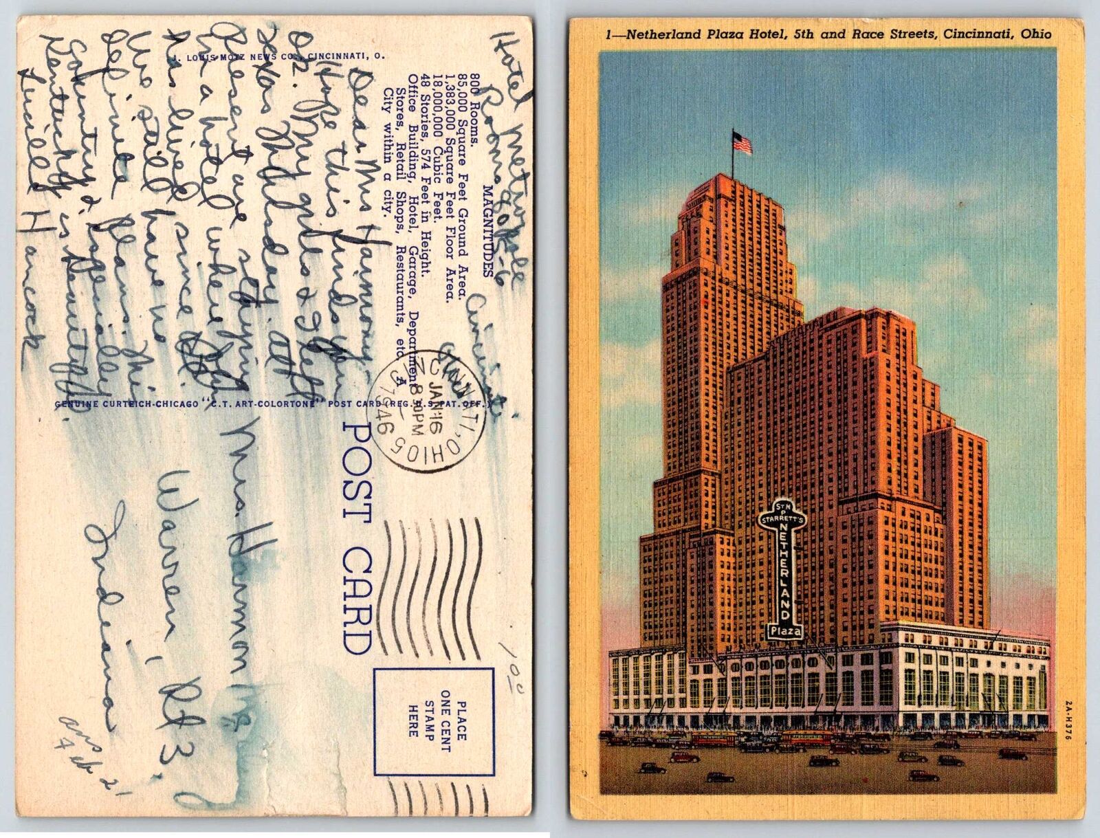 Cincinnati Ohio NETHERLAND PLAZA HOTEL Postcard L320