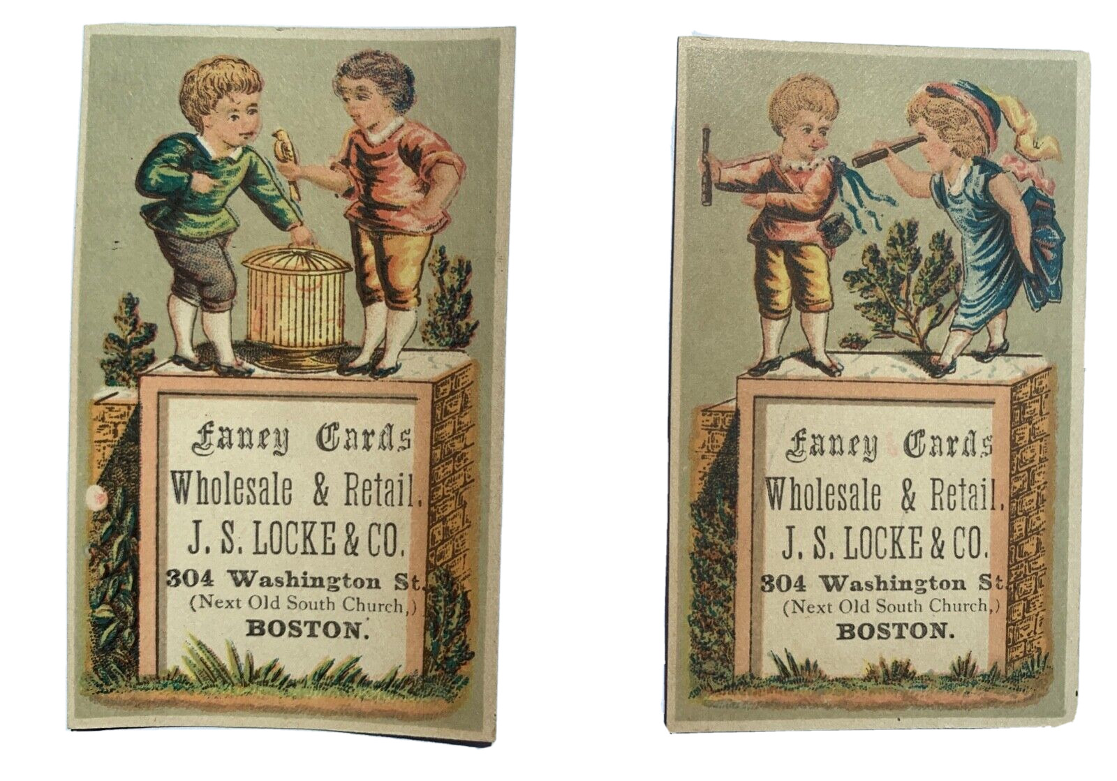2 C.1880\'s Trade Cards for Playing Cards Mfrs J.S. Locke Co., Boston MA Gambling