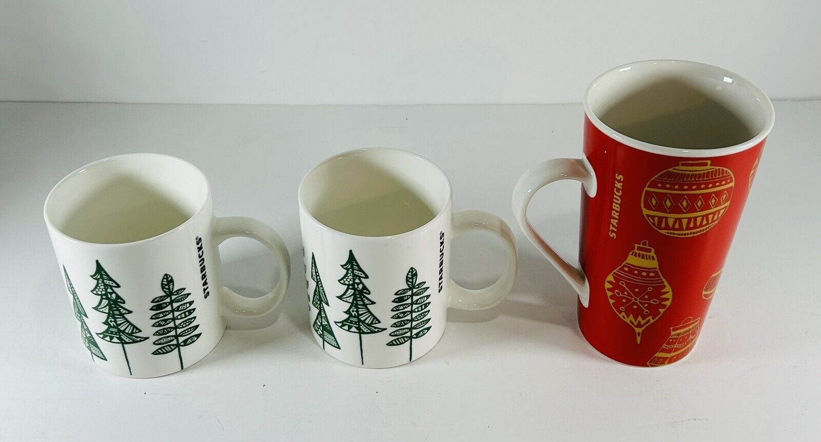 Lot Of 3 Starbucks Coffee Mugs With Trees And Ornament Design