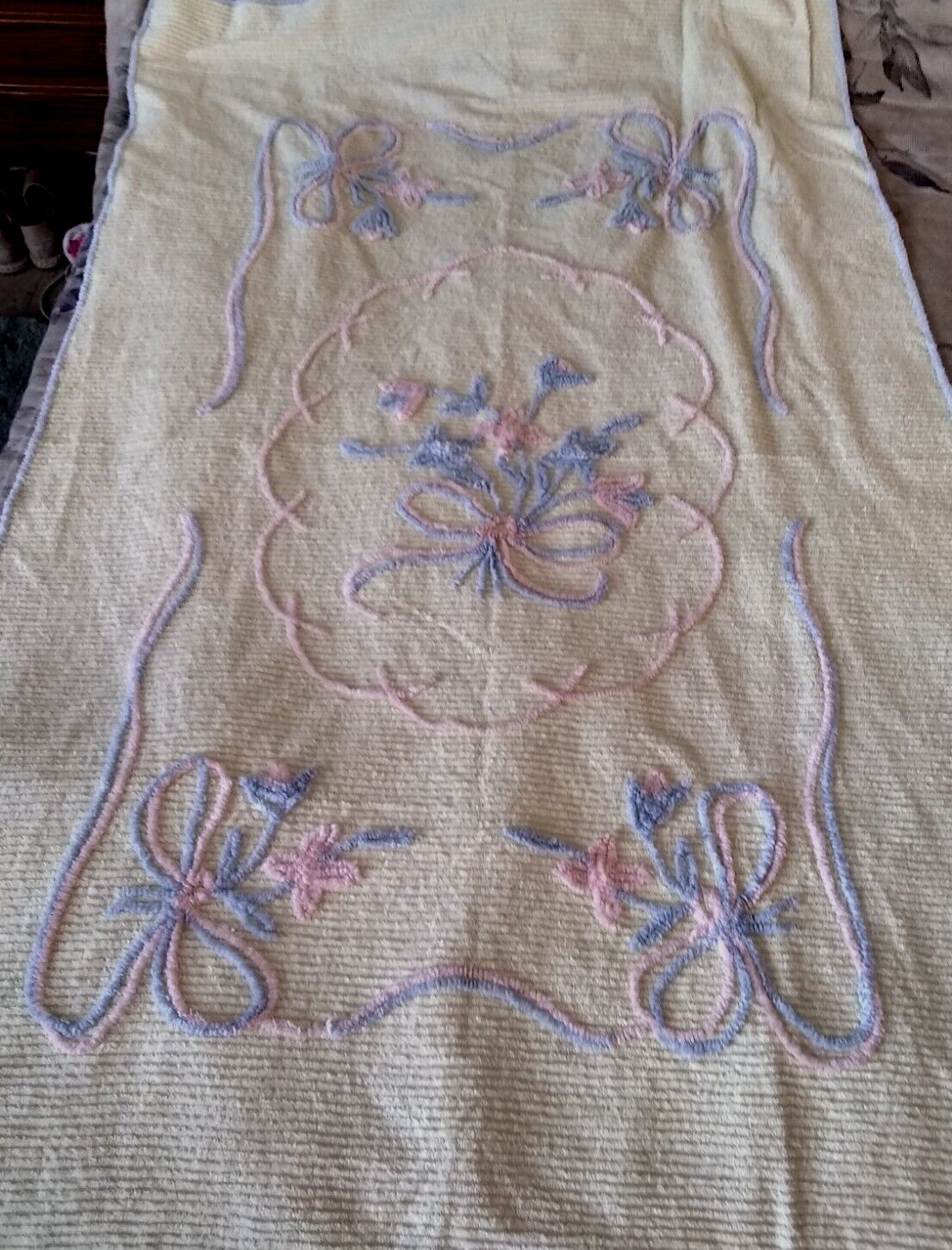 Vintage Lovely Cottage  Chenille Bedspread Children's Floral Yellow, Blue Pink 