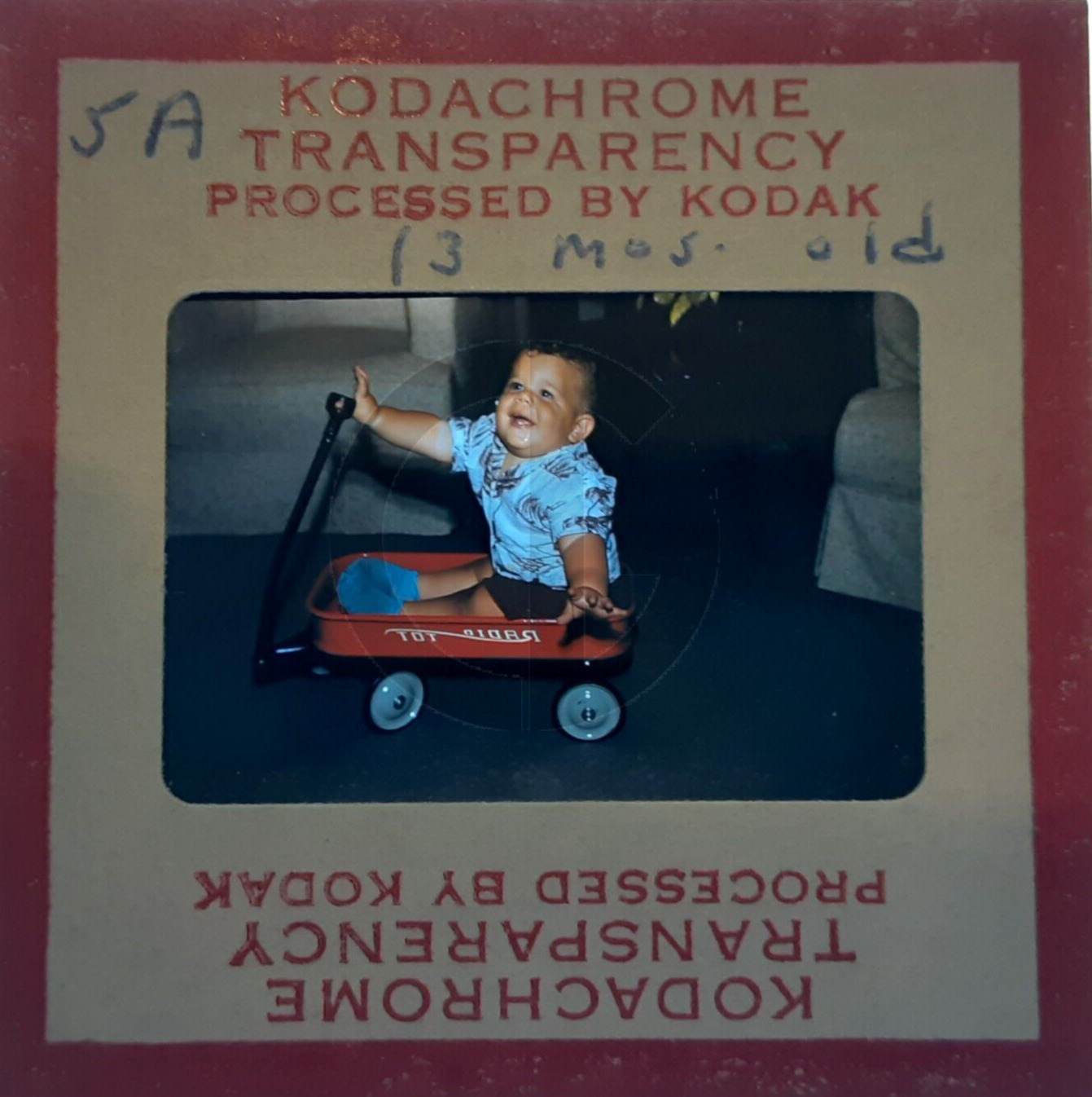 Happy Chubby Toddler Boy in Radio Tot Red Wagon - Red Border 1950\'s 35mm Slide
