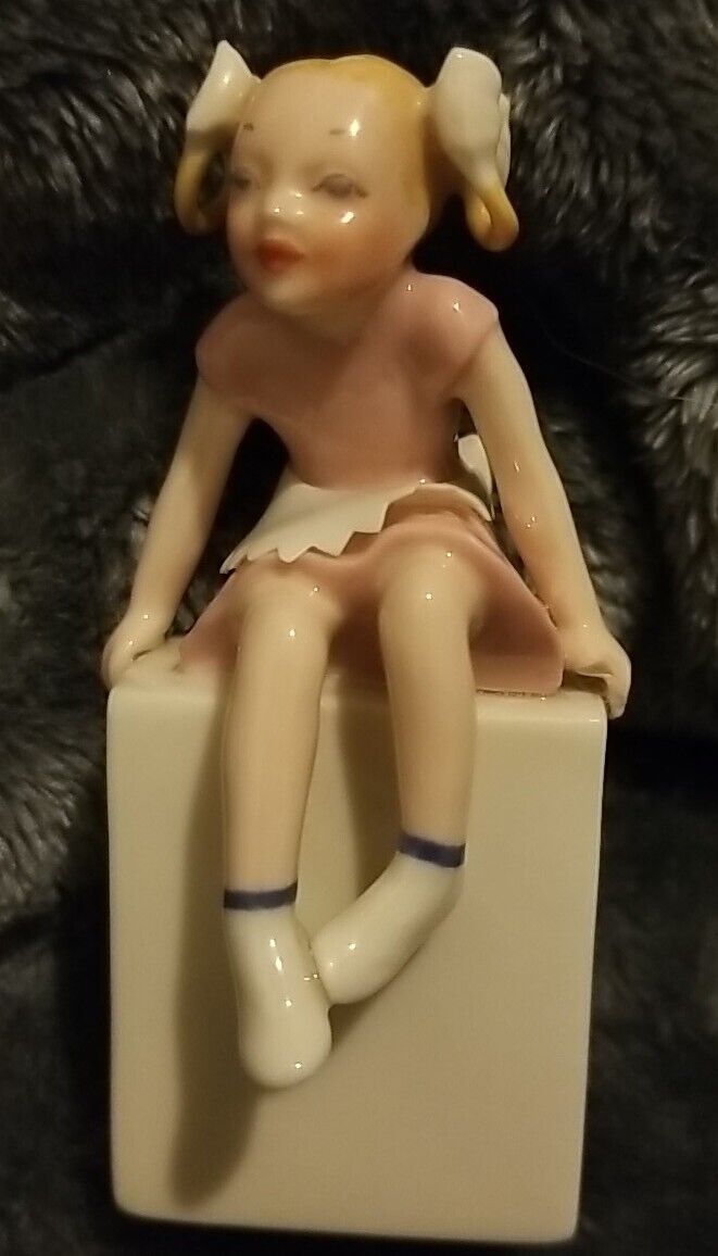 Lenox Sitting Girl with Pink Dress & White Bows Figurine 2 Small Chips On Apron