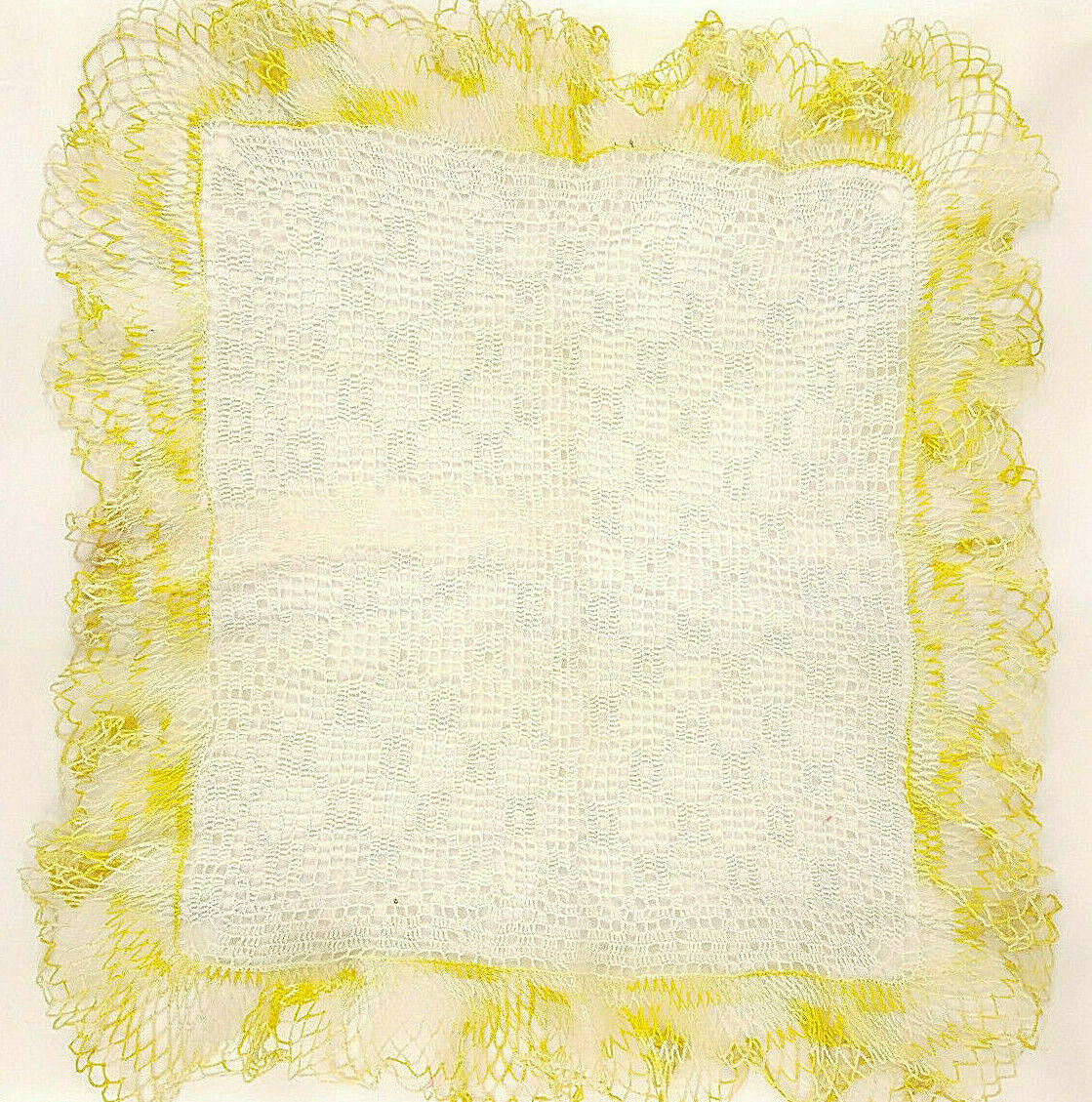 Vintage Crochet Lace Doily Ruffle Square White Yellow Handmade Cottage Decor