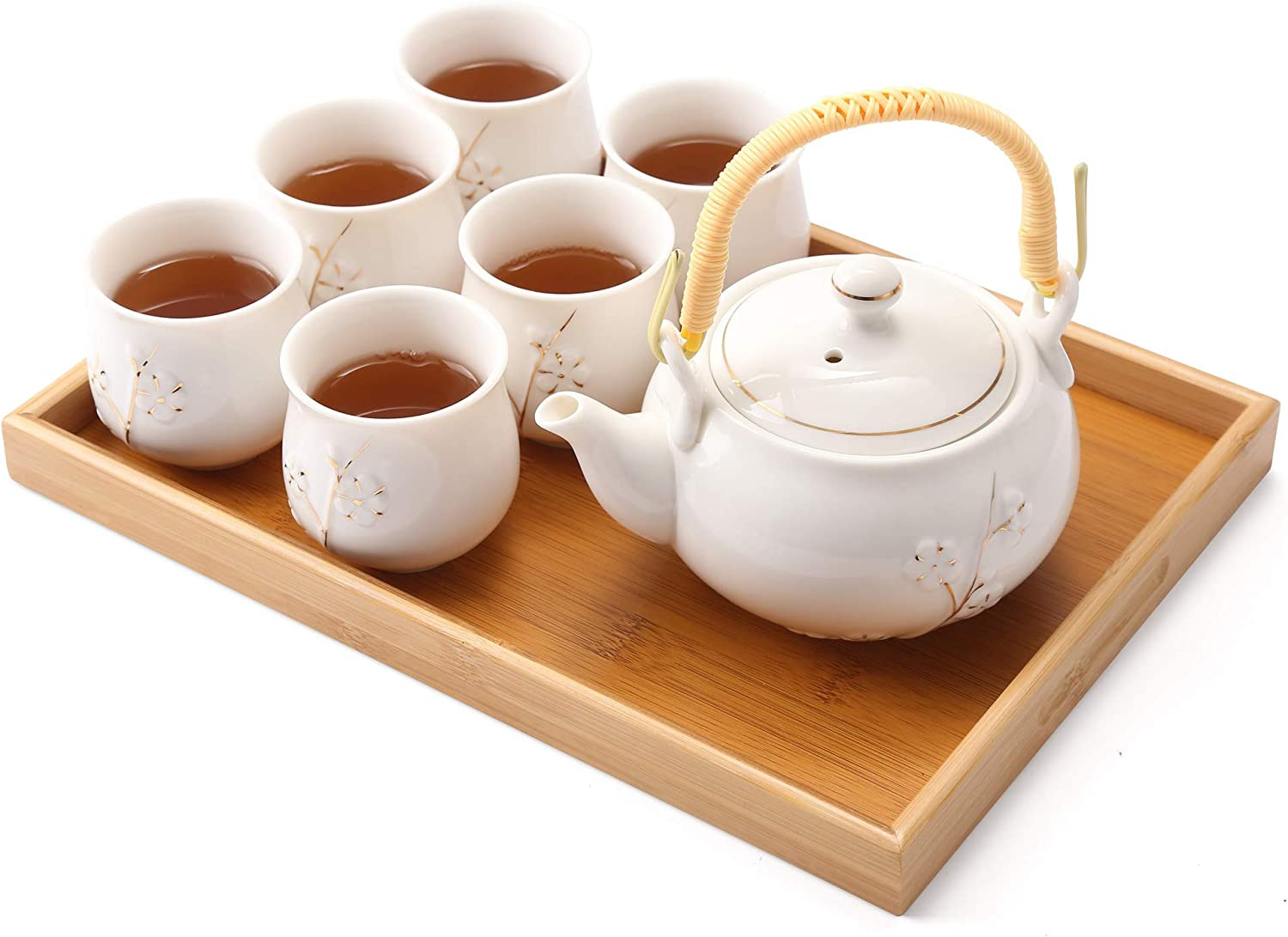 Dujust Japanese White Porcelain Tea Set with 1 Teapot Set, 6 Tea Cups, 1 Tea Tra