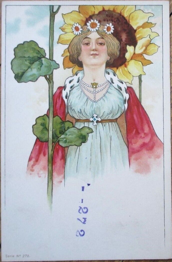 Art Nouveau 1901 French Postcard, Woman and Sunflower, Color Litho, Flowers
