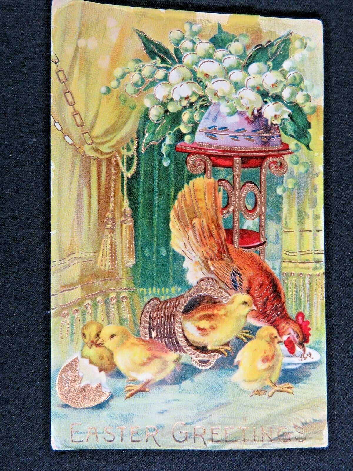 Antique Postcard Embossed Easter Rooster Chicks Gold Trim Germany Unused B7189