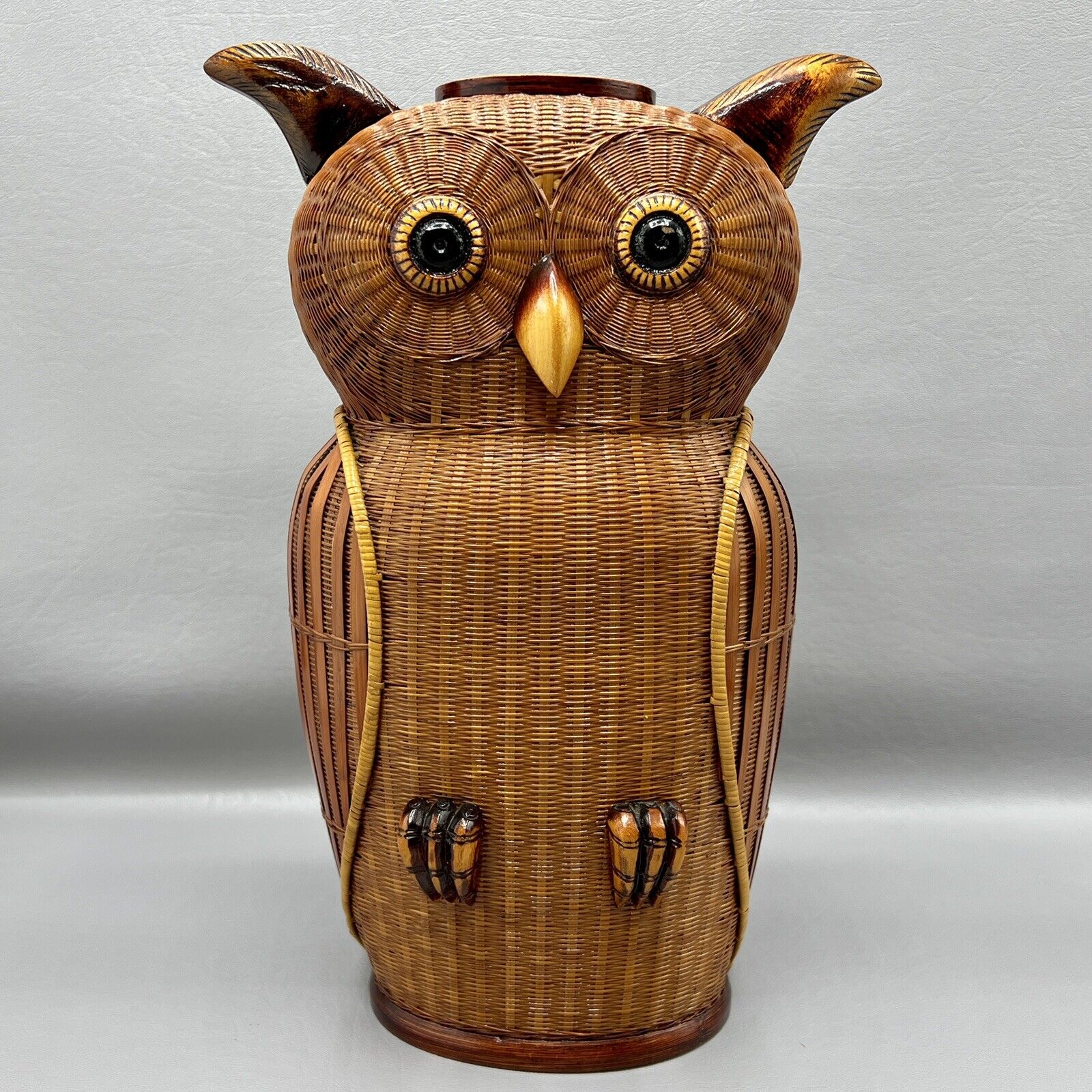 Vintage Mid Century Owl Vase Bamboo Rattan Shanghai Handicrafts The People's Rep