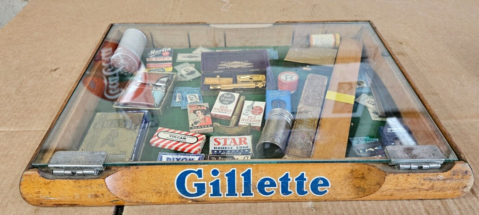 Vintage Original GILLETTE RAZOR BLADES Wood Glass Top Counter Store Display Case