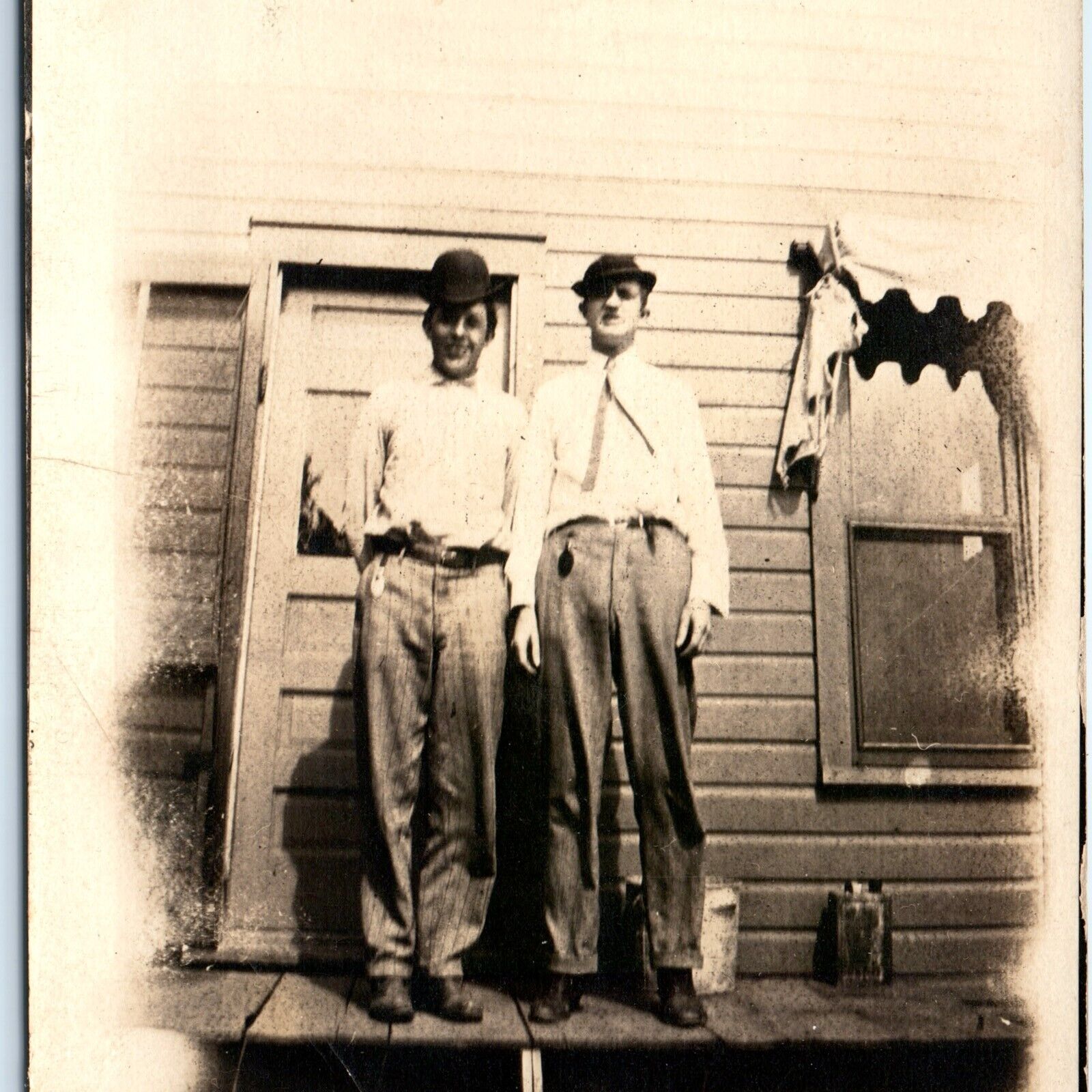 ID\'d c1910s Cool Young Men RPPC Bowler Hat Fisheye Real Photo PC WL Forrest A185