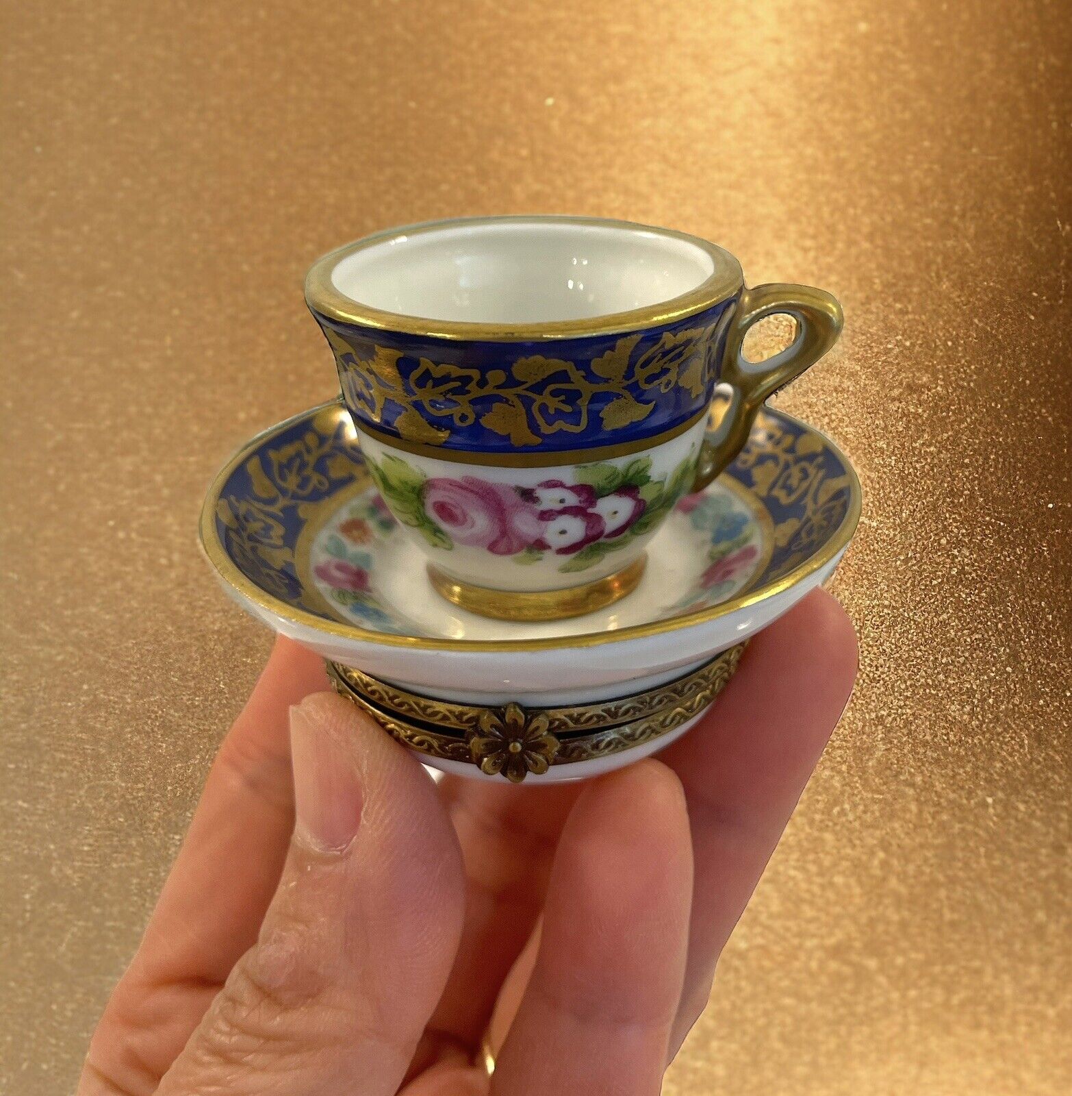 Limoges France Rehausse Main Hand Painted Cup & Saucer Trinket Box Ornament