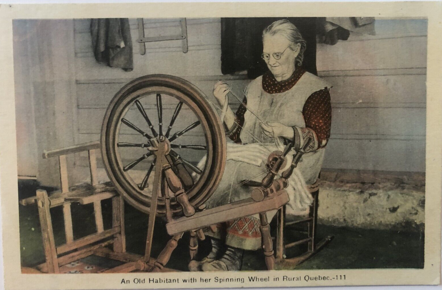 Habitant with her spinning wheel, Quebec Canada, Vintage, Postcard Barte Postale