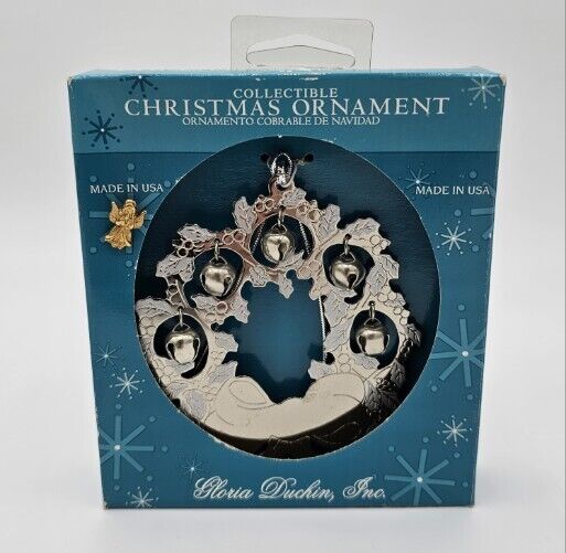 Vintage Gloria Duchin Engravable Christmas Ornament Silver Wreath & Angel pin