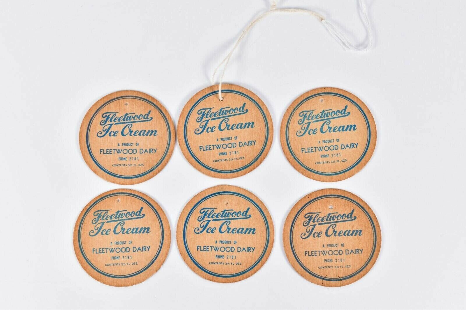 6 Vintage Fleetwood Dairy Ice Cream Wooden Hanging Tag PA Pennsylvania Berks 