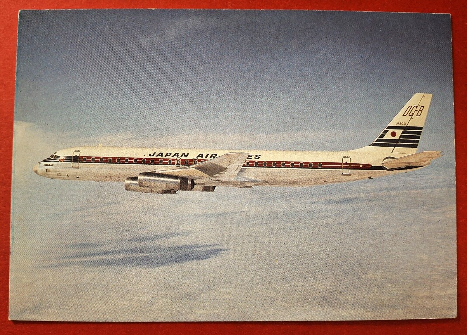 JAPAN AIRLINES Postcard Douglas DC-8-62 inflight, McDonnel Douglas photo