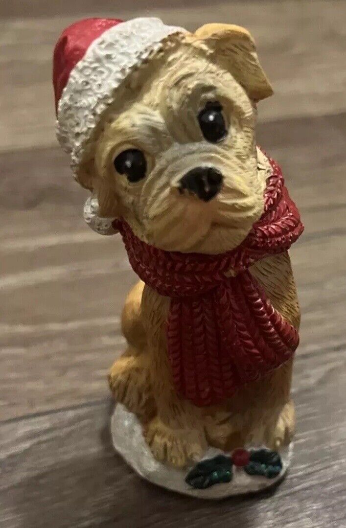Christmas 4” Statue Brown Dog With A Red Scarf & Santa Hat Decor 