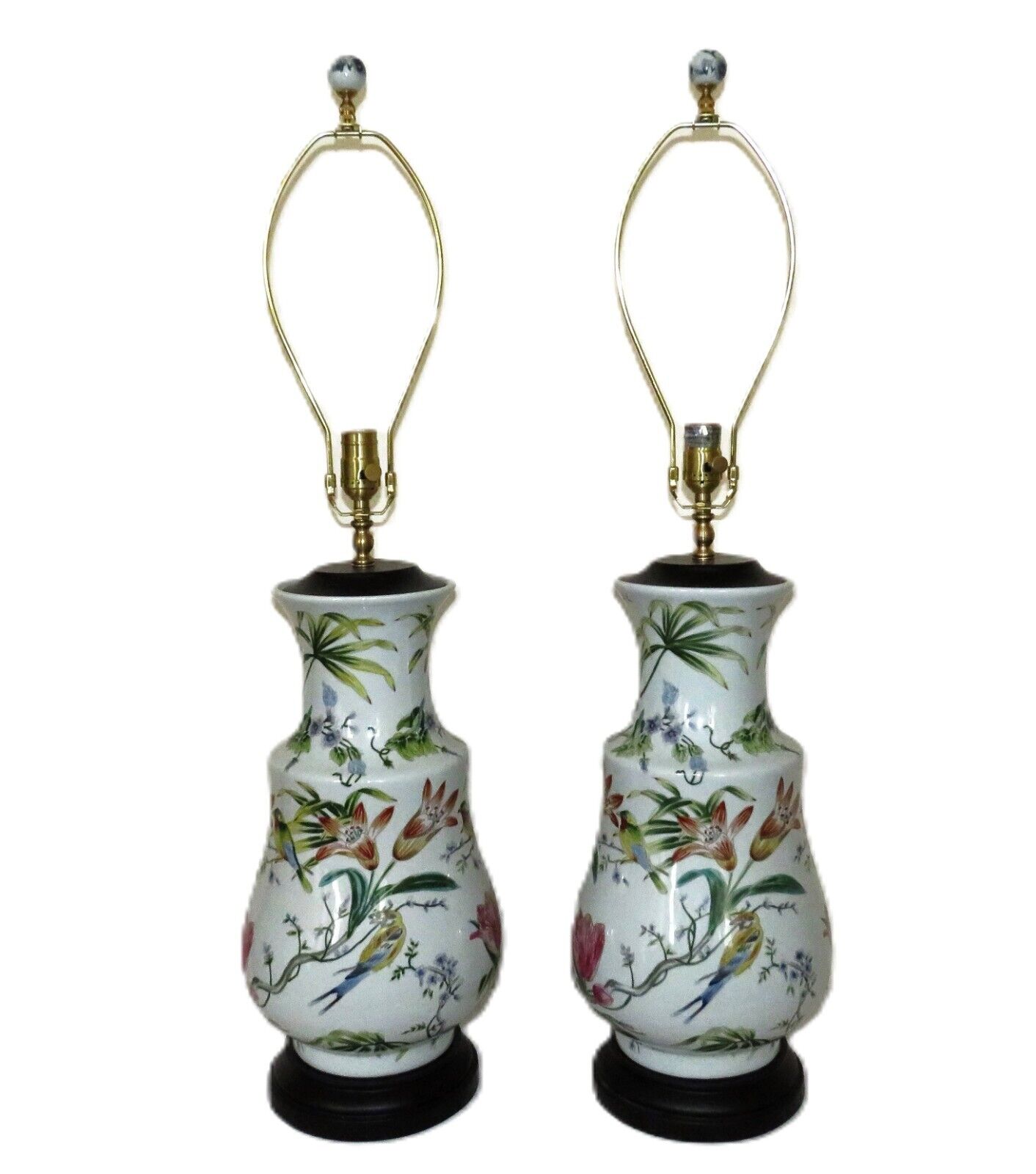 Pair of LARGE Porcelain Table Lamps Birds & Flowers