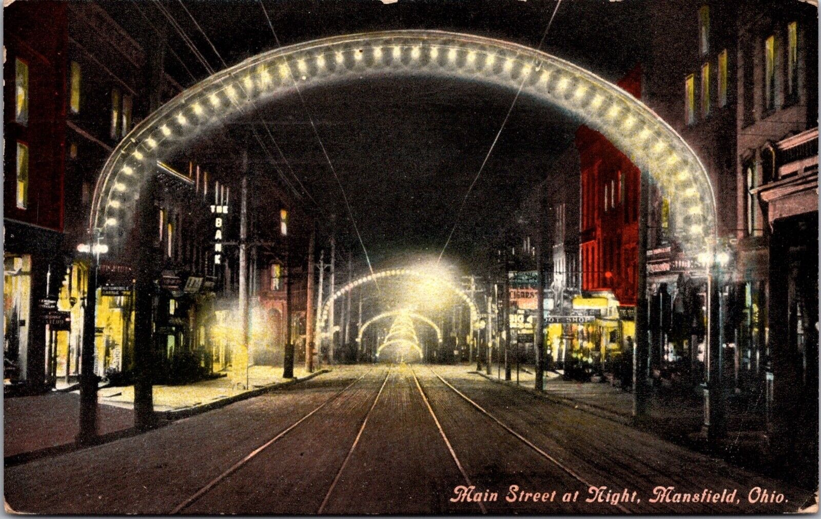 Postcard Main Street at Night in Mansfield, Ohio