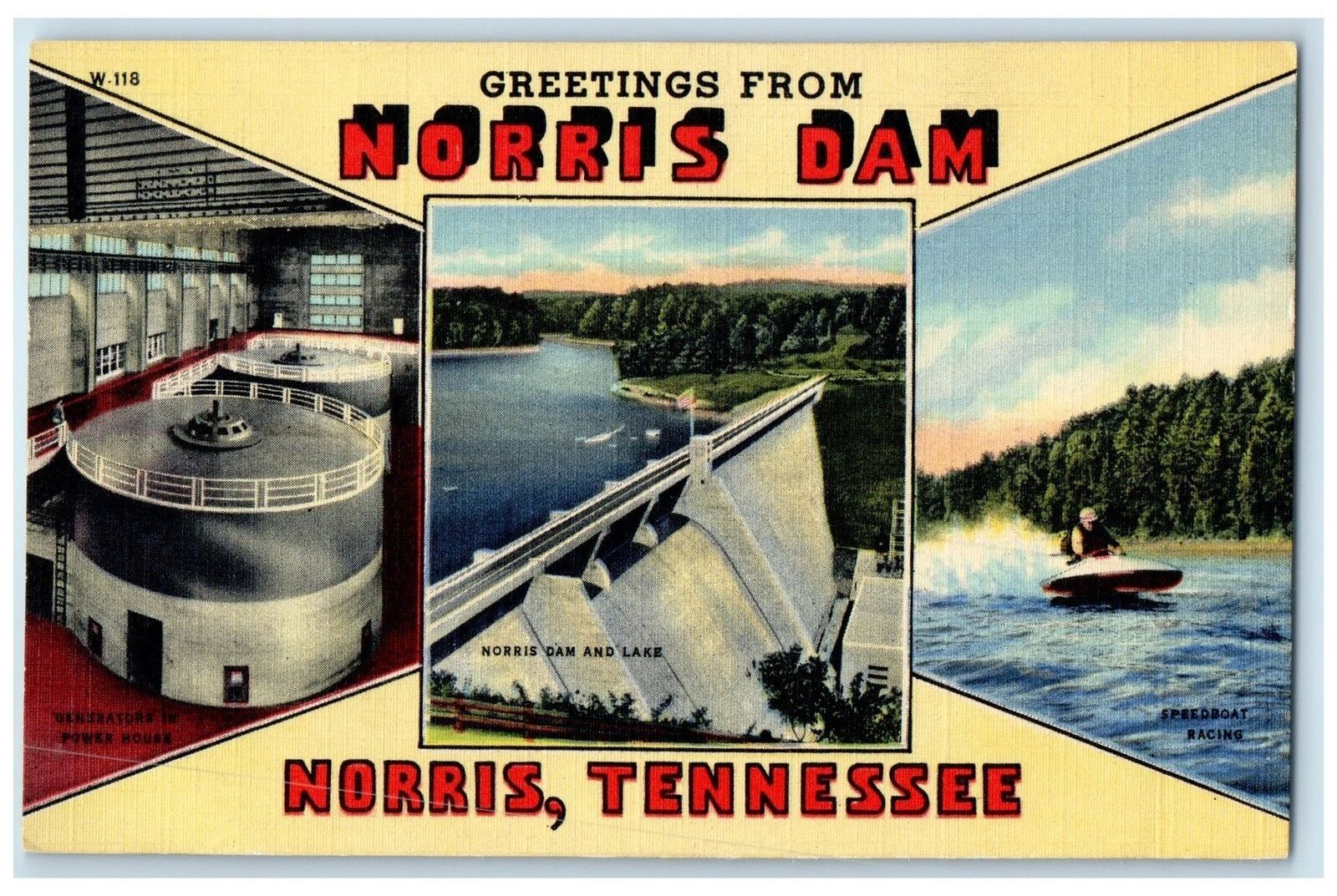 c1940\'s Greetings From Norris Dam & Lake Multiview Norris Tennessee TN Postcard