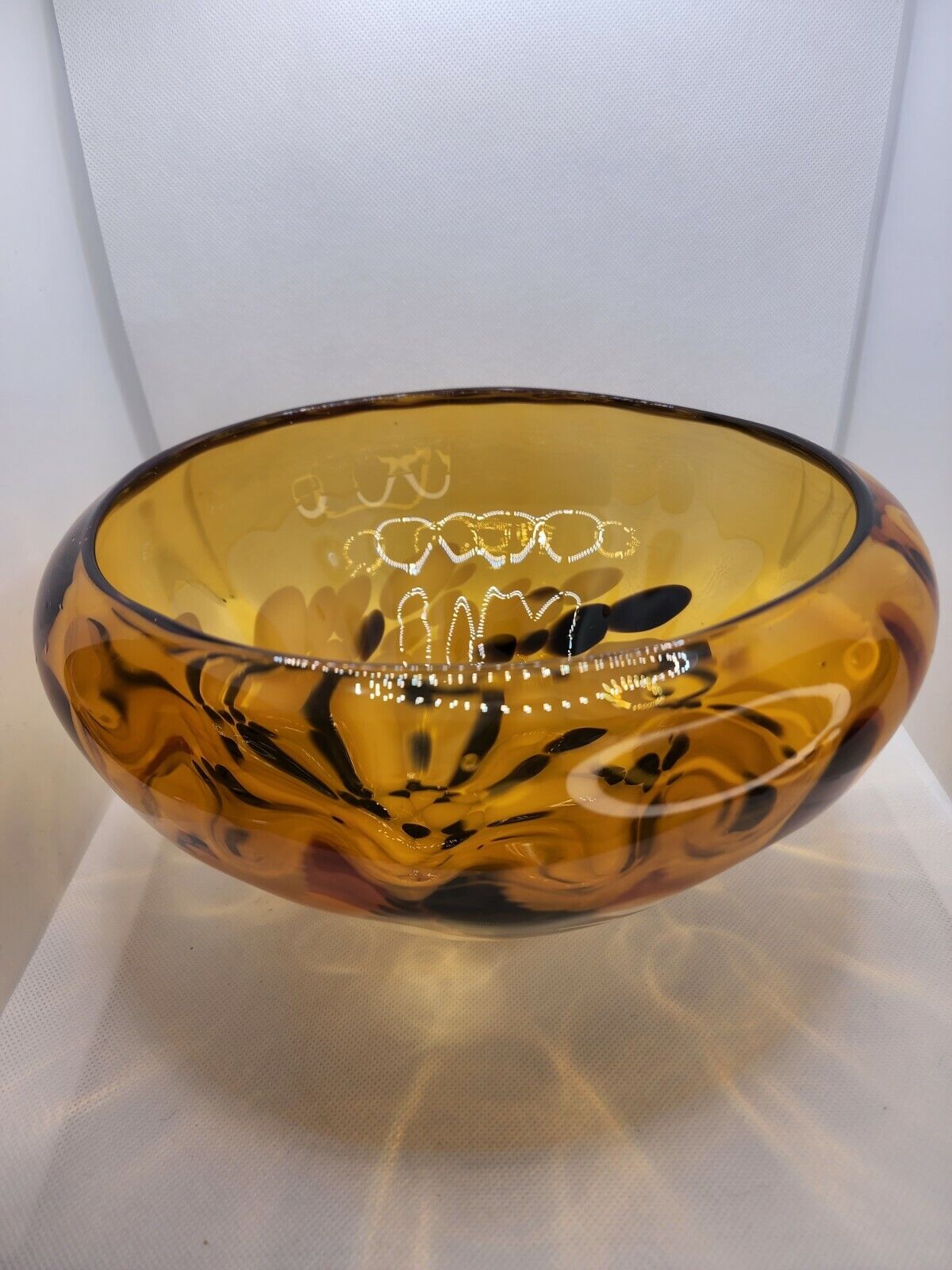 Large Vintage Handblown Tortoise Shell Amber Bowl With Brown & White Spots 