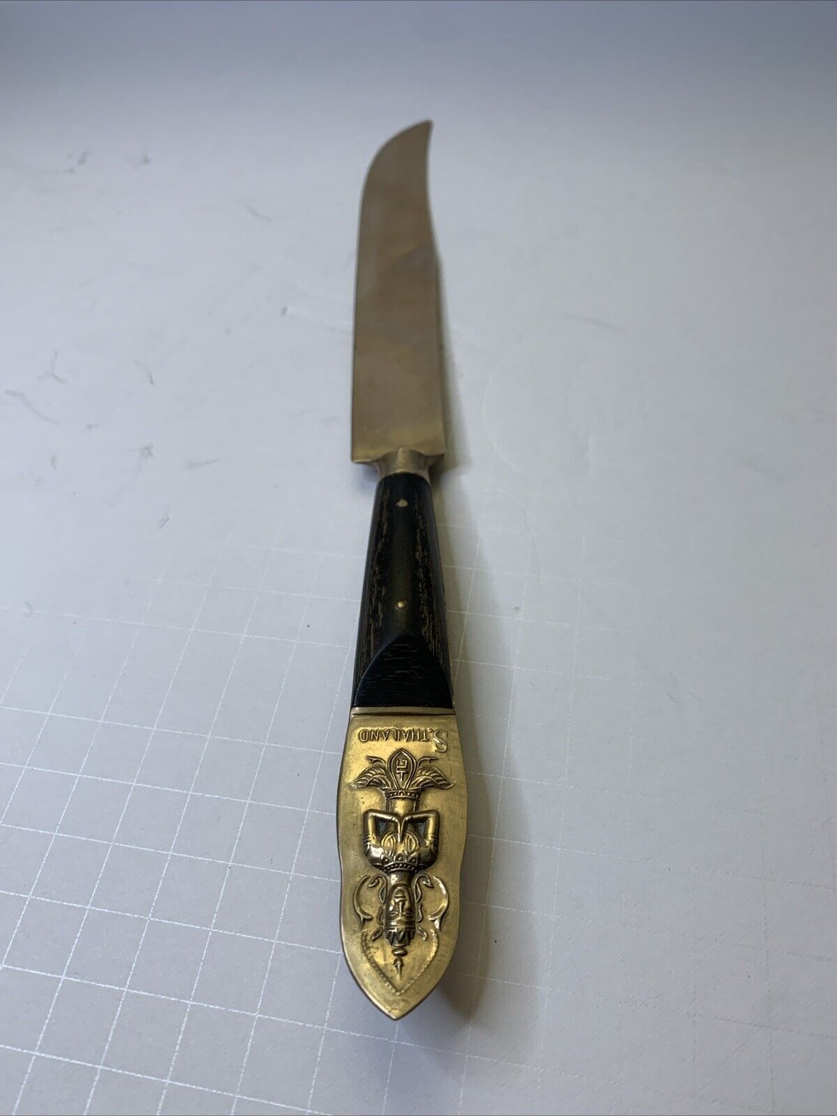 Antique Siam SBF Buddha Bronze Serving Carving Knife Wood Handle. 7.5” Blade